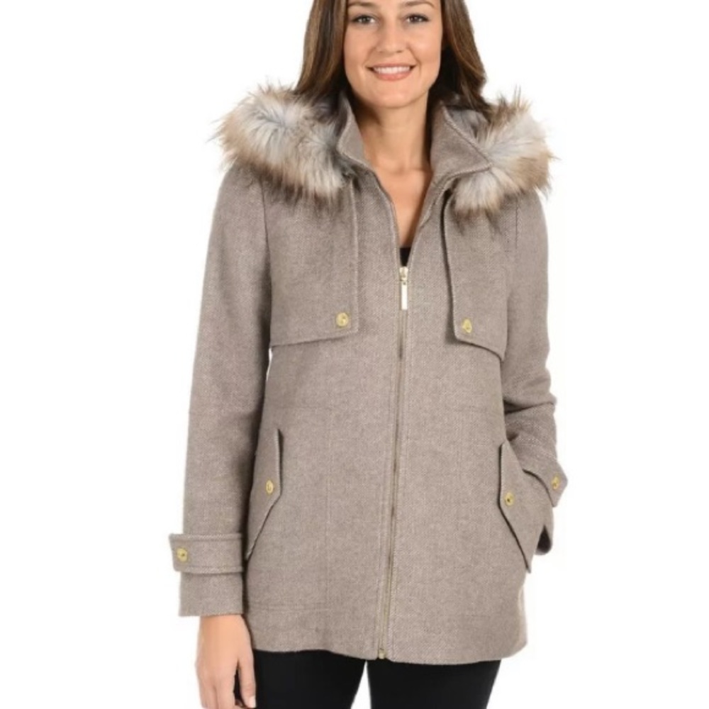 Kensie Women's Faux Fur Hooded Tweed Jacket Hoodie